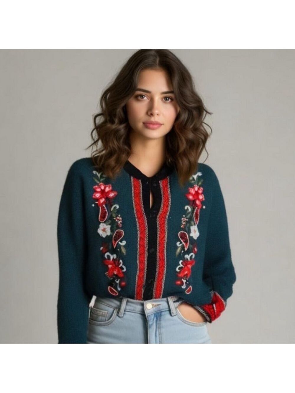 Vintage 90s Green and Red Cardigan with Floral  paisley Embroidery cottagecore
